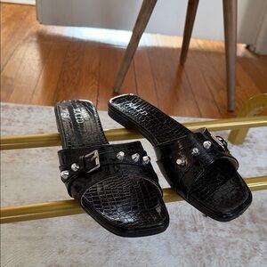 Elegant Black Croc-Embossed Sandals with Silver Studs